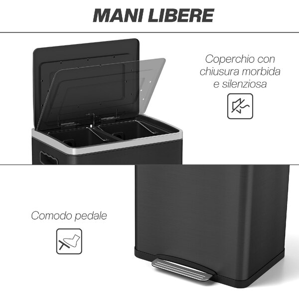 DecHome Pattumiera a 2 Sezioni da 20L con Coperchio Silenzioso, in Acciaio Inox e PP, 40x34.8x59 cm colore Nero - L5241BK