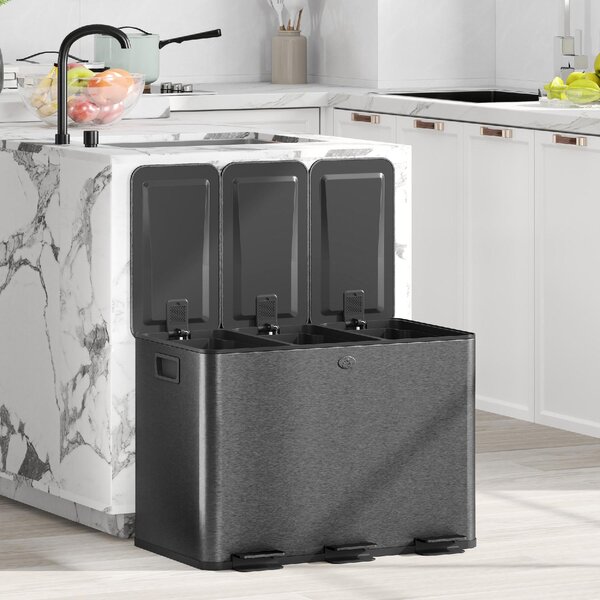 DecHome Pattumiera a 3 Sezioni da 20L con Chiusura Silenziosa, in Acciaio Inox e PP, 61.9x36.6x56.7 cm colore Nero - L5252BK