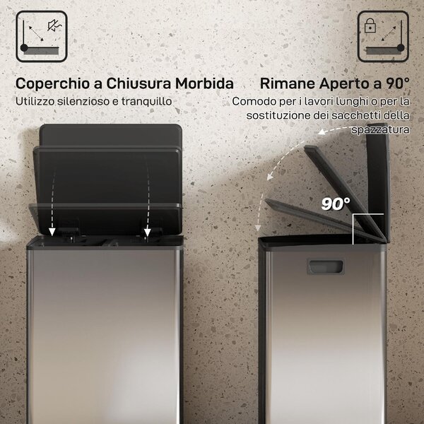 DecHome Pattumiera a Pedale con 2 Scomparti da 30L Coperchio Ammortizzato e Secchi Rimovibili Acciaio Inox colore Argento - W785SR