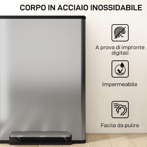 DecHome Pattumiera a Pedale con 2 Scomparti da 30L Coperchio Ammortizzato e Secchi Rimovibili Acciaio Inox colore Argento - W785SR