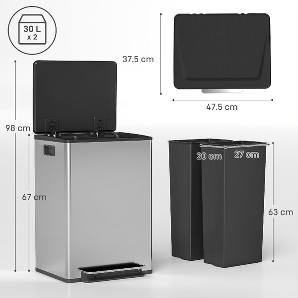 DecHome Pattumiera a Pedale con 2 Scomparti da 30L Coperchio Ammortizzato e Secchi Rimovibili Acciaio Inox colore Argento - W785SR