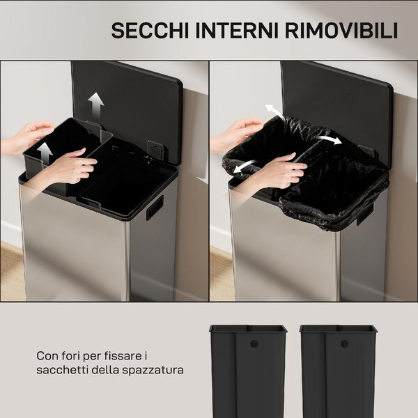 DecHome Pattumiera a Pedale con 2 Scomparti da 30L Coperchio Ammortizzato e Secchi Rimovibili Acciaio Inox colore Argento - W785SR