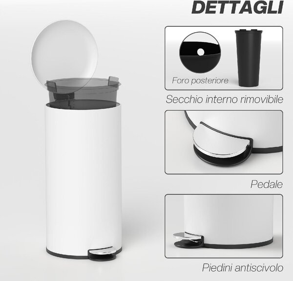 DecHome Pattumiera a Pedale 30 Litri 36x30x63.5 cm colore Bianco Crema