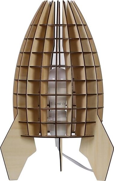 Lampada da tavolo Padiro, dimensioni 28 x 28 x 38 cm, colore legno, realizzata in compensato, forma a razzo in legno, attacco E27