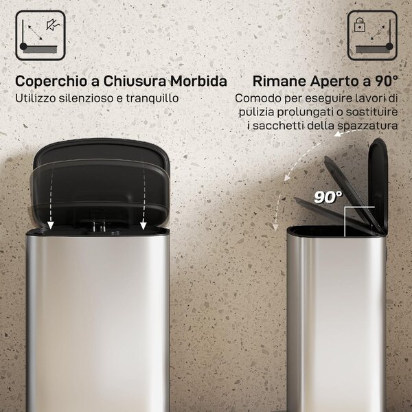DecHome Pattumiera a Pedale da 50L con Coperchio Ammortizzato Apertura a 90 e Secchio Rimovibile Acciaio Inox colore Grigio - W786GY