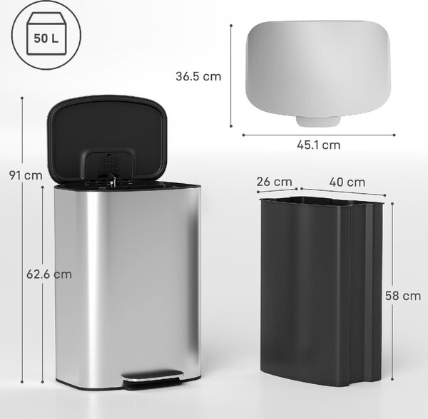 DecHome Pattumiera a Pedale da 50L con Coperchio Ammortizzato Apertura a 90 e Secchio Rimovibile Acciaio Inox colore Grigio - W786GY