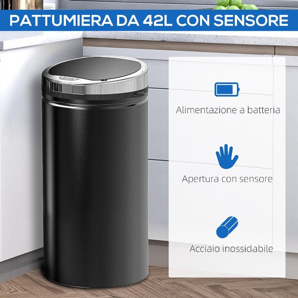 DecHome Pattumiera Automatica da 42L con Sensore a Infrarossi in Acciaio e Plastica 30.5x30.5x68 cm - F92145