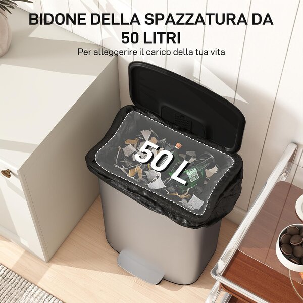 DecHome Pattumiera a Pedale da 50L con Coperchio Ammortizzato Apertura a 90 e Secchio Rimovibile Acciaio Inox colore Grigio - W786GY