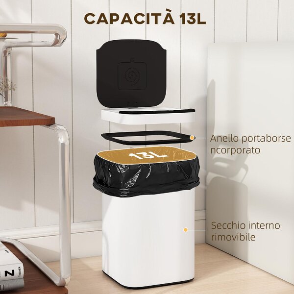 DecHome Pattumiera con Sensore e Spazio per Deodoranti 13 Litri in Acciaio e PP 24x24x41 cm colore Bianco e Nero