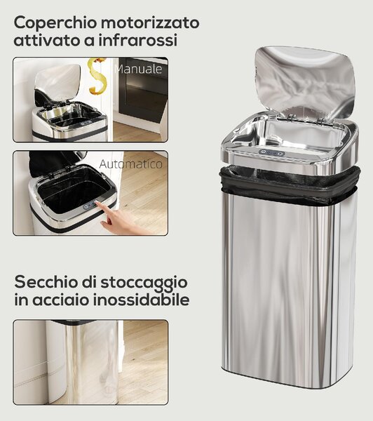 DecHome Pattumiera con Sensore per Apertura e Chiusura Automatica 30 Litri 33x25x57.5 cm colore Argento