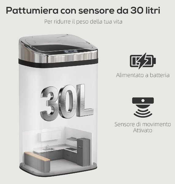 DecHome Pattumiera con Sensore per Apertura e Chiusura Automatica 30 Litri 33x25x57.5 cm colore Argento