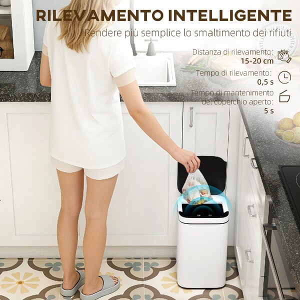 DecHome Pattumiera con Sensore e Spazio per Deodoranti 13 Litri in Acciaio e PP 24x24x41 cm colore Bianco e Nero
