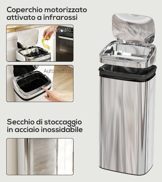 DecHome Pattumiera con Sensore per Apertura e Chiusura Automatica 40 Litri 33x25x70 cm colore Argento