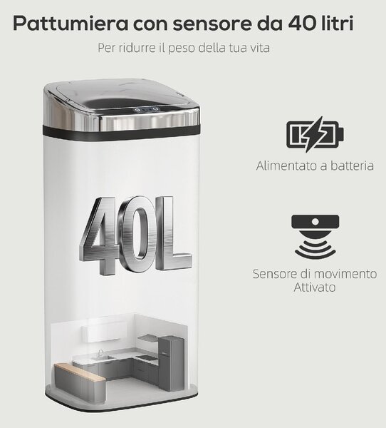 DecHome Pattumiera con Sensore per Apertura e Chiusura Automatica 40 Litri 33x25x70 cm colore Argento