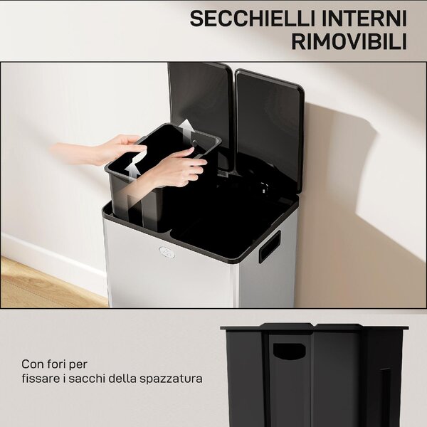 DecHome Pattumiera Differenziata 2 Scomparti 28 Litri 45.8x36x67.6 cm colore Argento