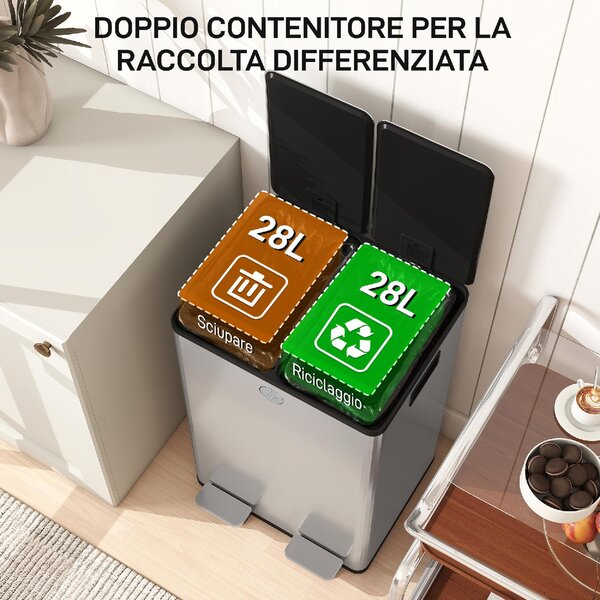 DecHome Pattumiera Differenziata 2 Scomparti 28 Litri 45.8x36x67.6 cm colore Argento