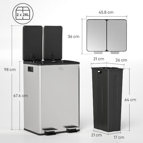 DecHome Pattumiera Differenziata 2 Scomparti 28 Litri 45.8x36x67.6 cm colore Argento