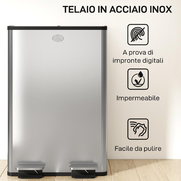 DecHome Pattumiera Differenziata 2 Scomparti 28 Litri 45.8x36x67.6 cm colore Argento