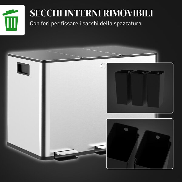 DecHome Pattumiera Differenziata 3 Scomparti 30 Litri 49.6x34.5x38.6 cm colore Argento