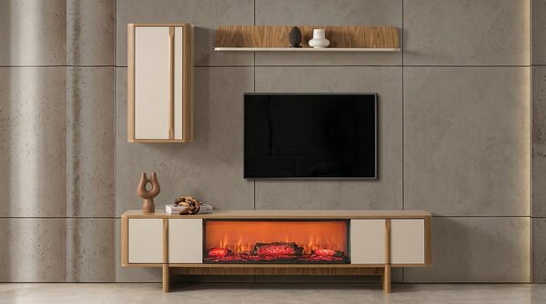 Mobile TV a parete, pensile, scaffale, soggiorno, stile moderno, colore marrone, camino