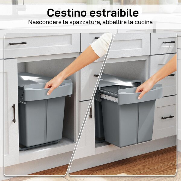 DecHome Pattumiera Estraibile Sottolavello per Differenziata con 2 Secchi da 20L, 52x33.5x41 cm colore Grigio - R448GY