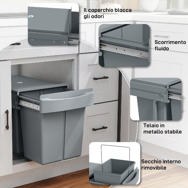 DecHome Pattumiera Estraibile Sottolavello per Differenziata con 2 Secchi da 20L, 52x33.5x41 cm colore Grigio - R448GY
