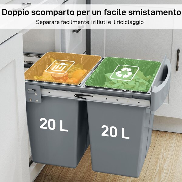 DecHome Pattumiera Estraibile Sottolavello per Differenziata con 2 Secchi da 20L, 52x33.5x41 cm colore Grigio - R448GY