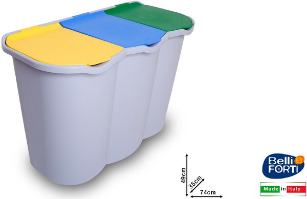 Belli E Forti Pattumiera Raccolta Differenziata 3 Scomparti Unica Dimensione 74x35x49 cm - BEL00960