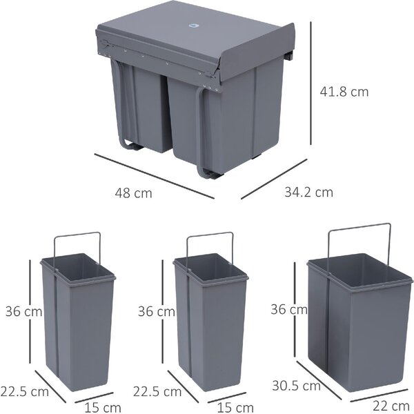 DecHome Pattumiera Sottolavello Estraibile con 3 Contenitori per Raccolta Differenziata Capacit Totale 40L 48x34.2x41.8cm Grigio - 2e851
