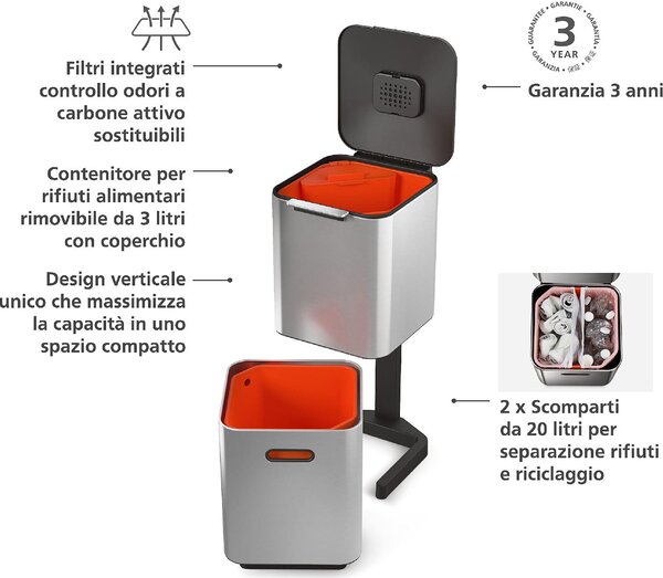 Joseph Joseph Pattumiera Totem Compact 40 Litri colore Inox - 30063