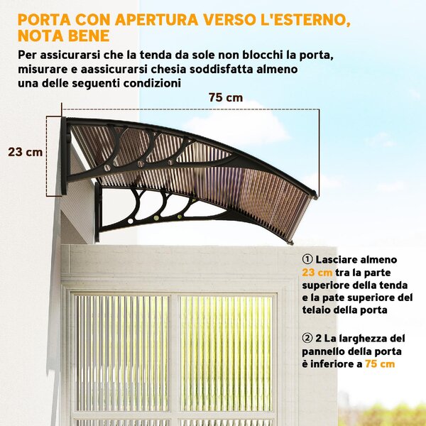 VivaGarden Pensilina da Esterno Impermeabile e Anti-UV in PC, PP e Alluminio Tettoia per Esterno 75x100x23 cm colore Marrone e Nero