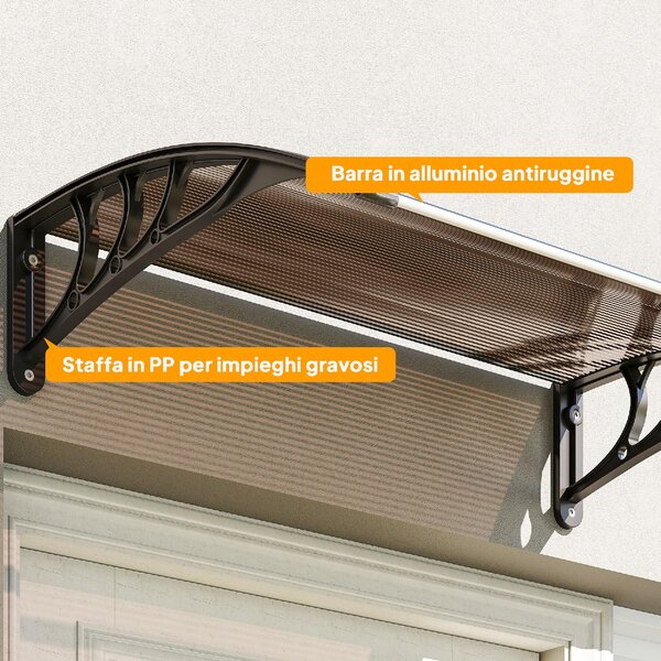 VivaGarden Pensilina da Esterno Impermeabile e Anti-UV in PC, PP e Alluminio Tettoia per Esterno 75x100x23 cm colore Marrone e Nero