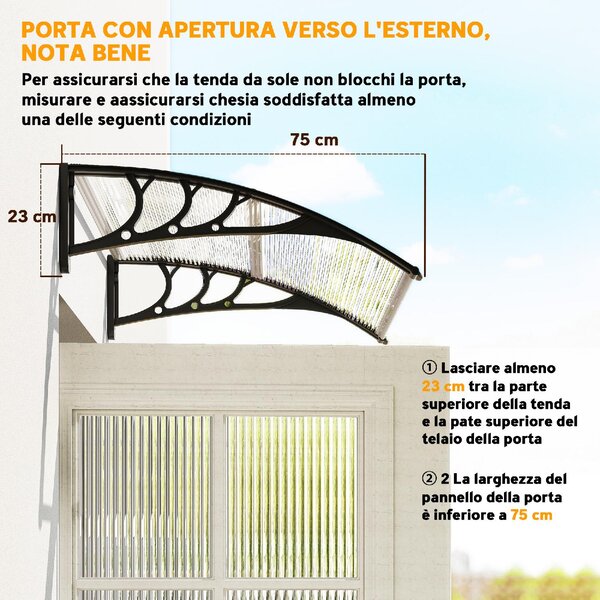 VivaGarden Pensilina da Esterno Impermeabile e Anti-UV in PC, PP e Alluminio Tettoia per Esterno 75x100x23 cm colore Trasparente e Nero