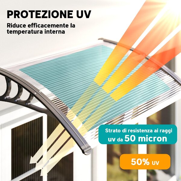 VivaGarden Pensilina da Esterno Impermeabile e Anti-UV in PC, PP e Alluminio Tettoia per Esterno 75x100x23 cm colore Trasparente e Nero
