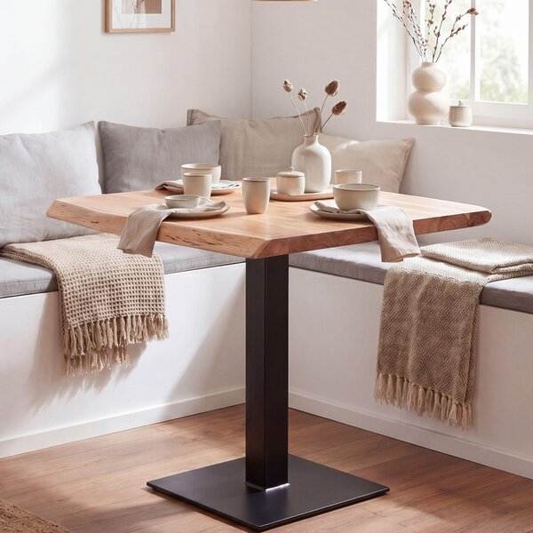 FineBuy Tavolo da pranzo quadrato 80 cm in legno massello di acacia con bordi naturali - Tavolo da pranzo industriale in legno massello - Tavolo da cucina - Tavolo con bordi naturali - Tavolo da bistrot