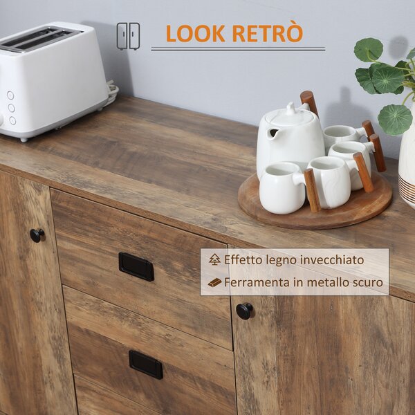 HOMCOM Credenza Moderna con 2 Armadietti a 2 Ante con Ripiani regolabili e 3 Cassetti, Mobile dall'aspetto retrò in truciolato, Marrone|Aosom Italy