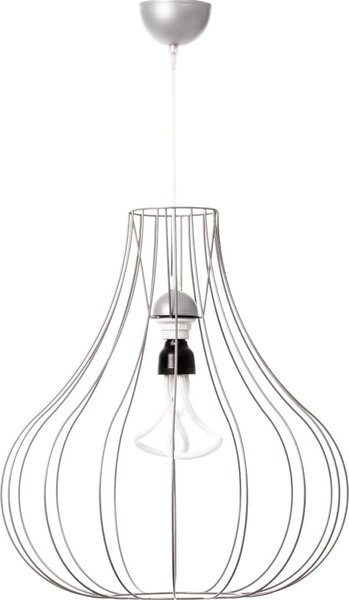 Lampada a sospensione Padiro, 50 x 47 x 50 cm, color argento, realizzata in filo di acciaio, con paralume a forma di lampadina
