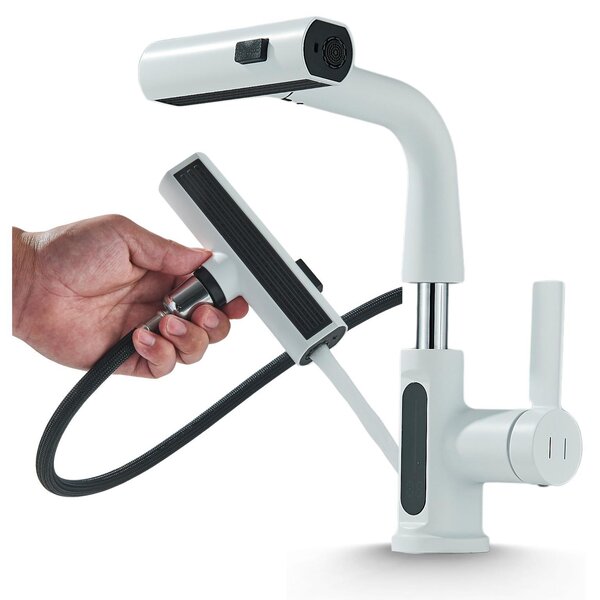Miscelatore per lavabo da incasso Ari Atomic, bianco, in acciaio inossidabile, con doccetta estraibile, indicatore di temperatura, 3 getti, rotazione a 360°, altezza regolabile