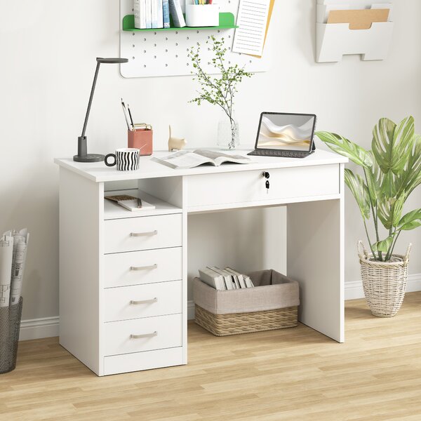 HOMCOM Scrivania per Camera o Ufficio in Legno con 2 Cassetti e 2 Chiavi, 110x50x76cm - Bianco|Aosom