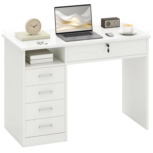 HOMCOM Scrivania per Camera o Ufficio in Legno con 2 Cassetti e 2 Chiavi, 110x50x76cm - Bianco|Aosom