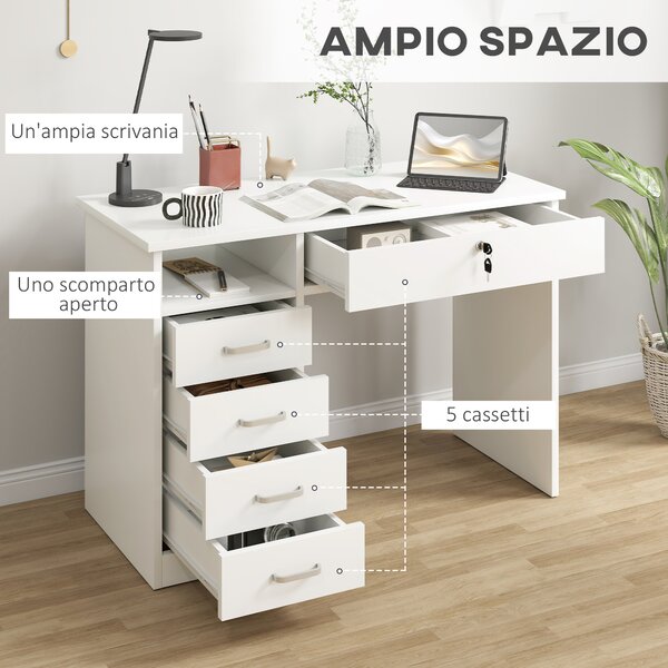 HOMCOM Scrivania per Camera o Ufficio in Legno con 2 Cassetti e 2 Chiavi, 110x50x76cm - Bianco|Aosom