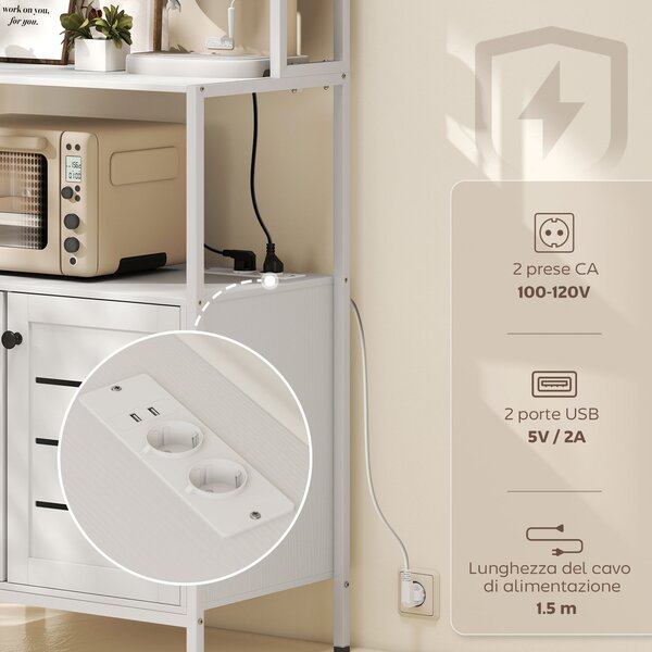 HOMCOM Mobile Dispensa con Ripiani, Armadietti e 2 Prese di Ricarica, in Legno e Acciaio, 80x42x171 cm, Bianco | Aosom Italy
