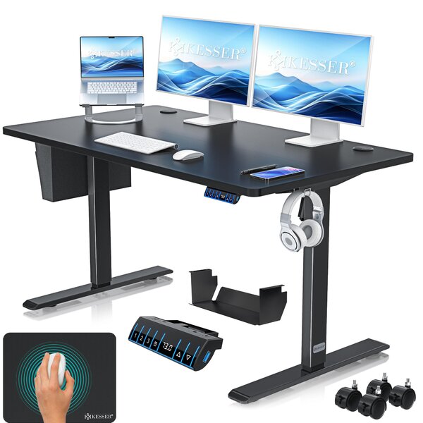 Scrivania KESSER® elettrica e regolabile in altezza, scrivania per computer ergonomica per lavorare in piedi o seduti, 3 impostazioni di memoria, rotelle a 360°, porta di ricarica USB, 140x70 cm, nera
