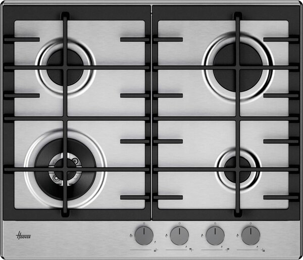 Hoover Piano Cottura 4 Fuochi a Gas 60 cm (1 Bruciatore Doppia Corona) colore Acciaio Inox - HHG6BF4C3X H-HOB 300