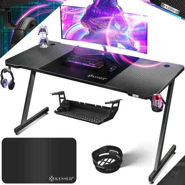 Tavolo da gioco KESSER® LED | Scrivania da gaming a forma di Z | Gancio per cuffie e rivestimento in carbonio | Scrivania ergonomica per PC | Tavolo stabile con tappetino per mouse e portabevande - 160 cm x 60 cm
