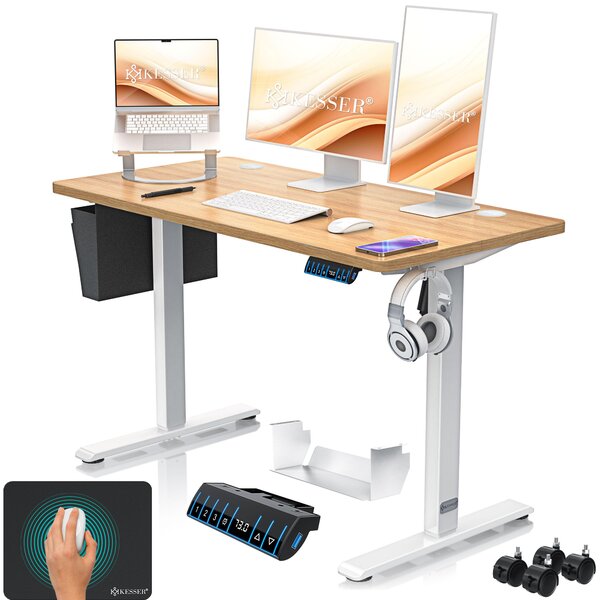 Scrivania KESSER® elettrica e regolabile in altezza, scrivania per computer ergonomica per lavorare in piedi o seduti, 3 impostazioni di memoria, rotelle a 360°, porta di ricarica USB, 120x60 cm, beige