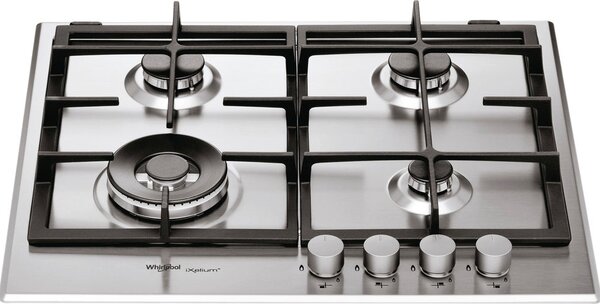 Whirlpool Piano Cottura 4 Fuochi a Gas da Incasso (1 Bruciatore Doppia Corona) Larghezza 60 cm Griglie in Ghisa colore Inox - GMR 6422 / IXL