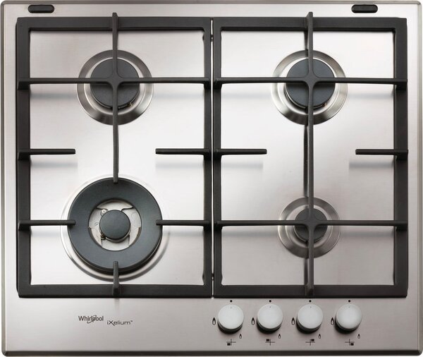 Whirlpool Piano Cottura 4 Fuochi a Gas da Incasso (1 Bruciatore Doppia Corona) Larghezza 60 cm Griglie in Ghisa colore Inox - GMR 6422 / IXL