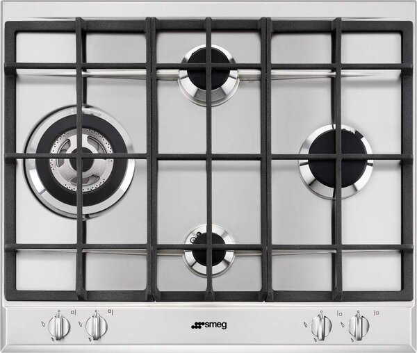 Smeg Piano Cottura 4 Fuochi a gas da Incasso (1 Bruciatore Wok Tripla Corona) Larghezza 60 cm colore Inox - P261XGH Serie Selezione