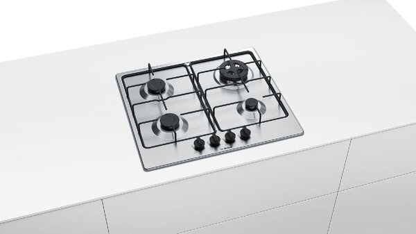 Bosch Piano Cottura 4 Fuochi a gas da Incasso (1 Bruciatore Wok) Larghezza 60 cm colore Inox - PGH6B5B80 Serie 4